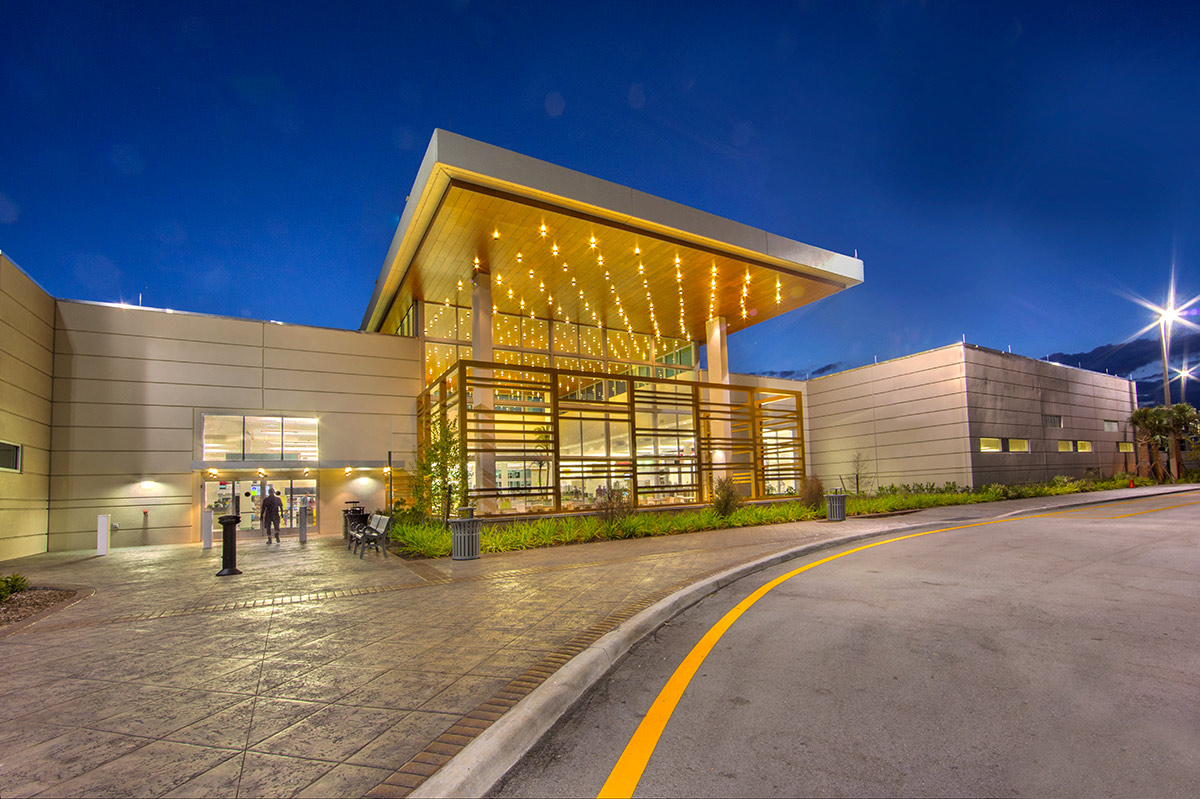 Architectural dusk view of the Fort Drum Service Plaza - Okeechobee, FL