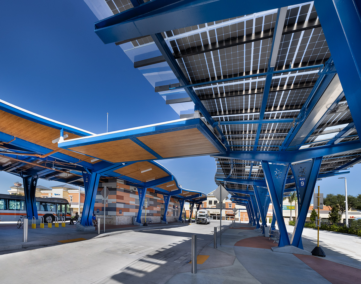 Bus departure canopy and the restroom building at the Lauderhill Transit Center in Lauderhill, FL