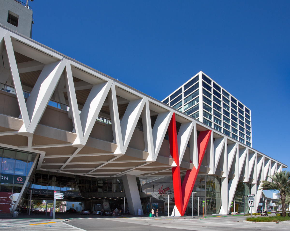 Architectural view of the Brightline Miami Central terminal entrance.