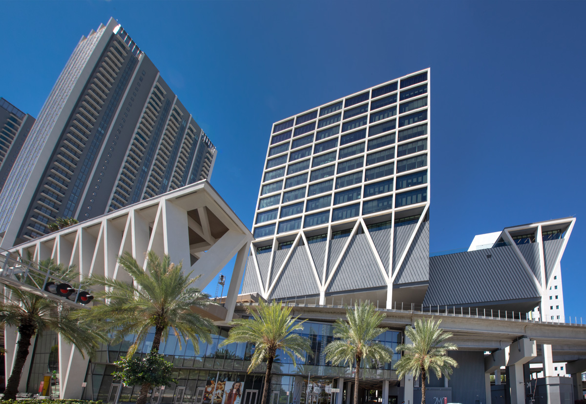 Architectural detail of the Brightline Miami Central terminal.