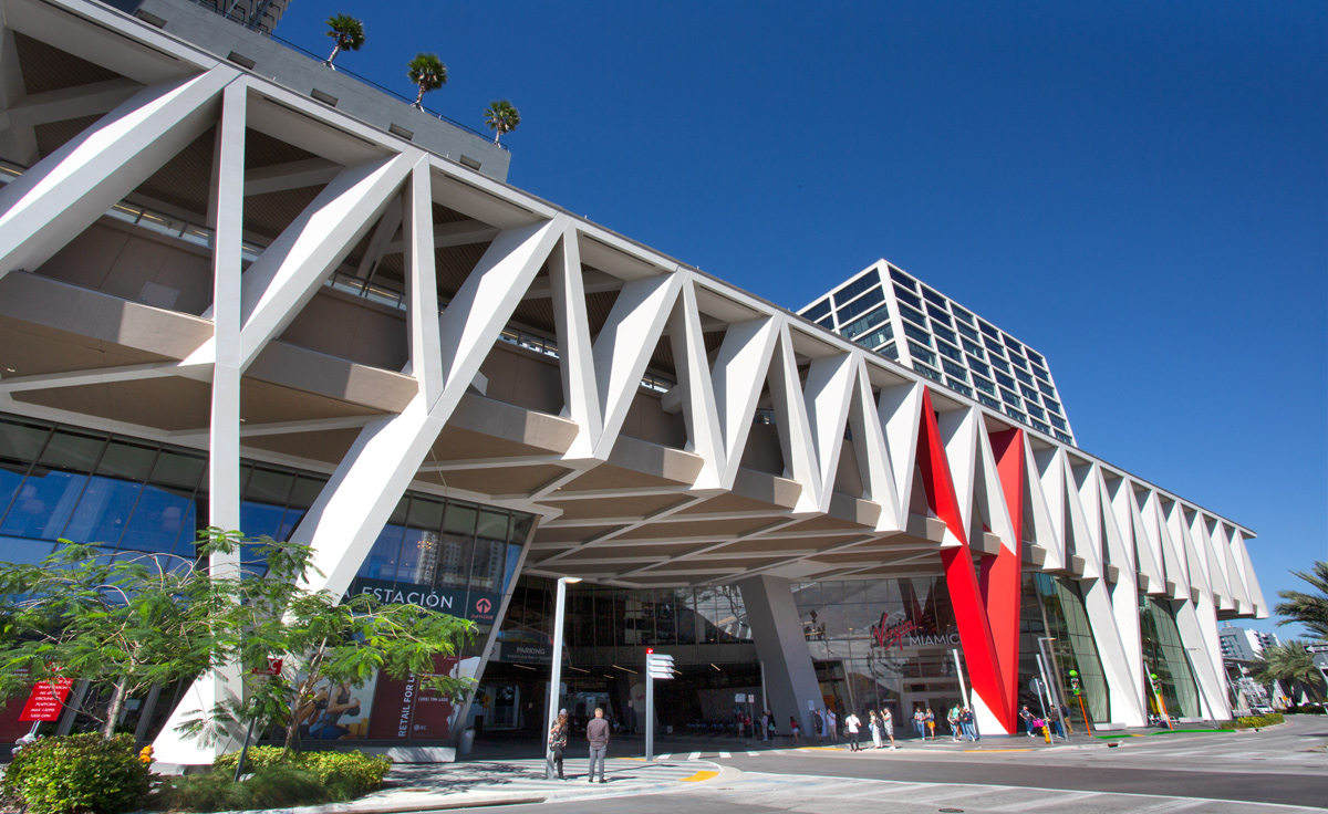 Architectural view of the Brightline Miami Central terminal entrance.