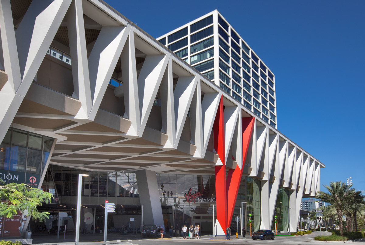 Architectural view of the Brightline Miami Central terminal entrance.