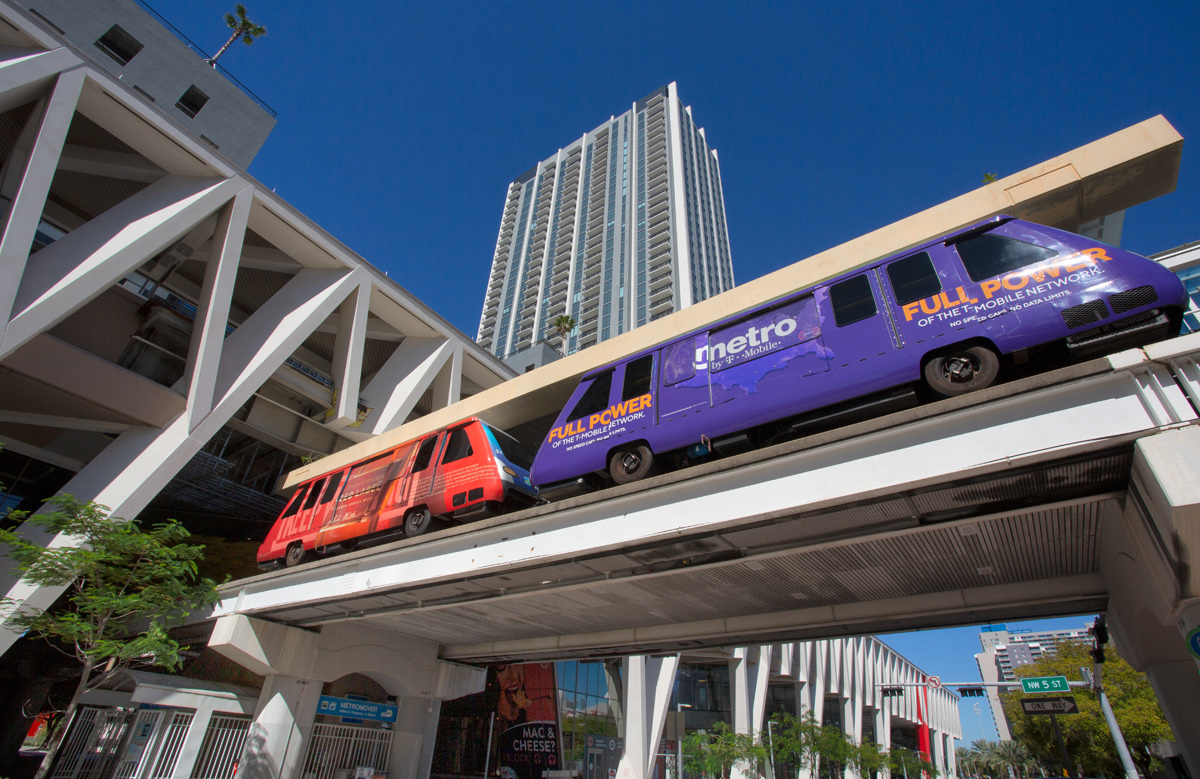 Architectural view of the Brightline Miami Central terminal with Metromover.