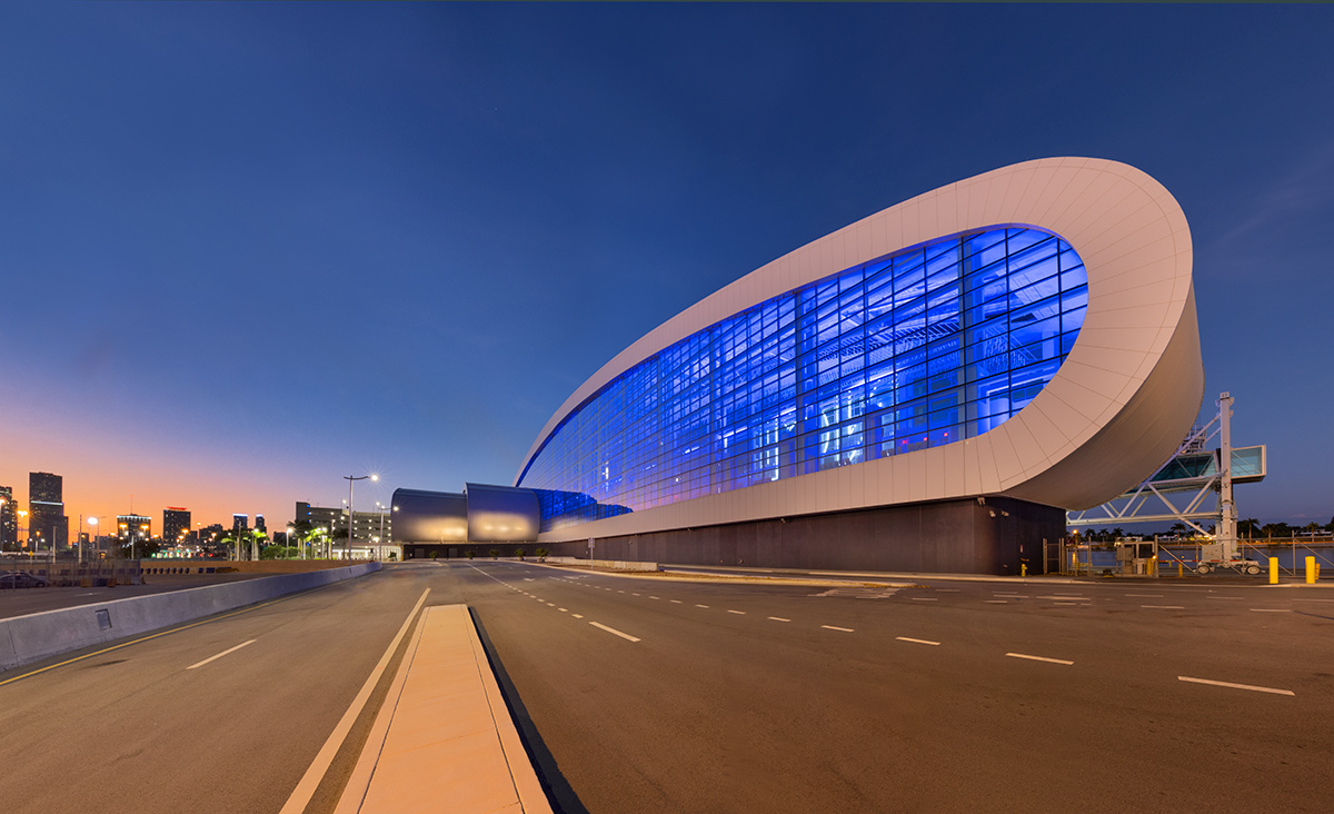 Architectural dusk view of the Norwegian Cruise Lines Terminal B Port Miami.