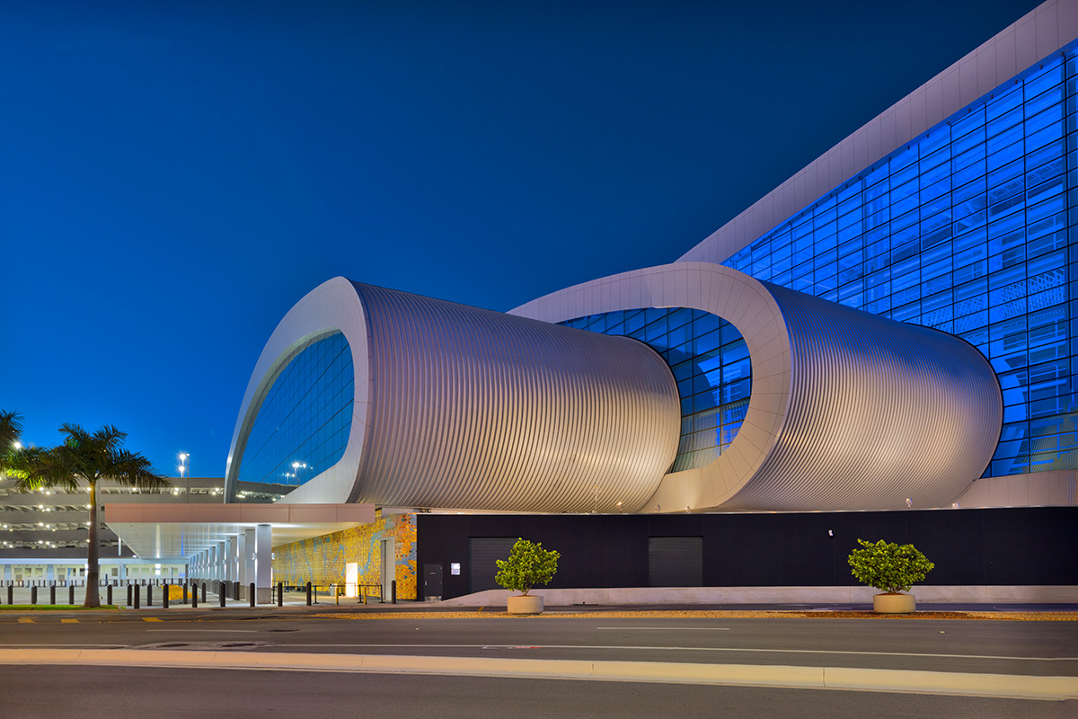 Architectural dusk view of the Norwegian Cruise Lines Terminal B Port Miami.