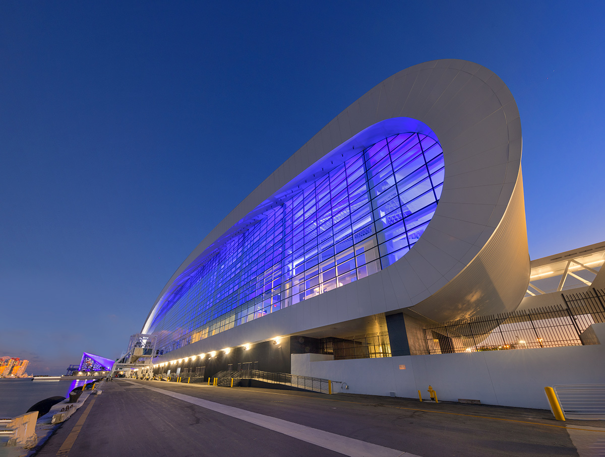 Architectural dusk view of the Norwegian Cruise Lines Terminal B Port Miami.