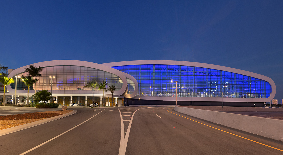 Architectural dusk view of the Norwegian Cruise Lines Terminal B Port Miami.