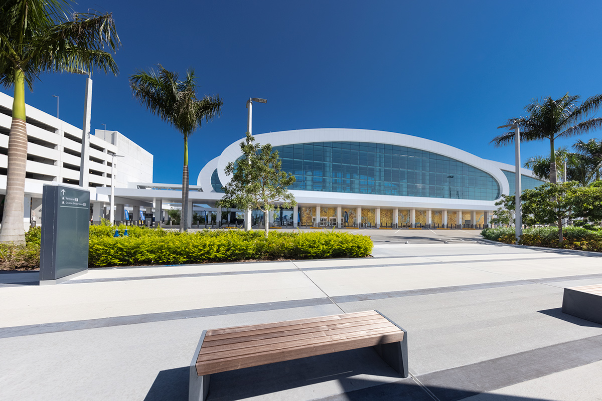 Architectural landscape view of the Norwegian Cruise Lines Terminal B Port Miami.