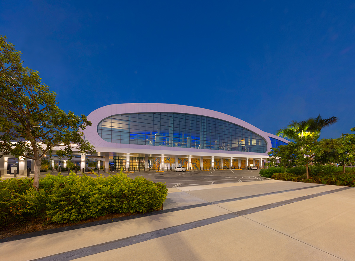 Architectural dusk view of the Norwegian Cruise Lines Terminal B Port Miami.