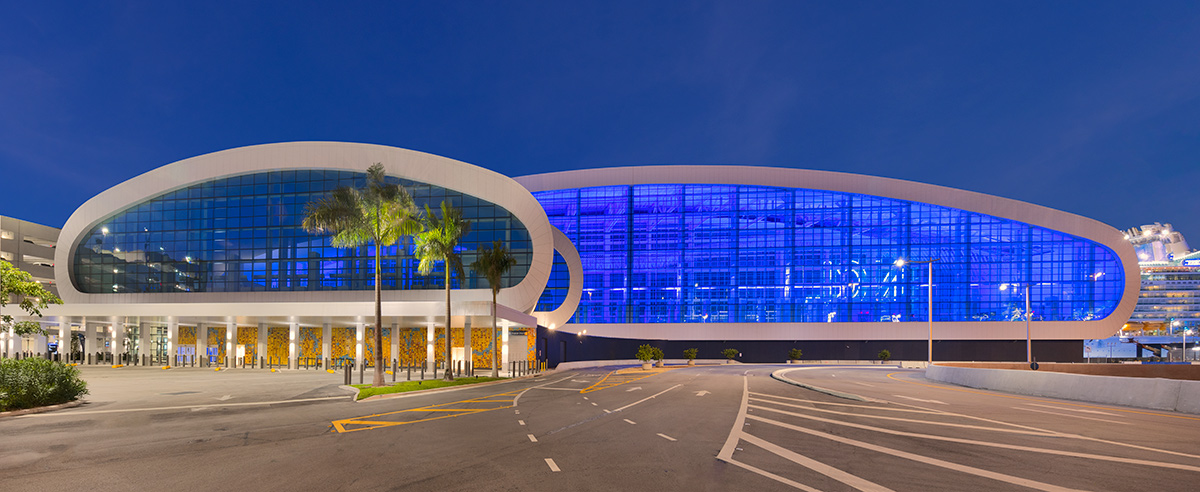 Architectural dusk view of the Norwegian Cruise Lines Terminal B Port Miami.