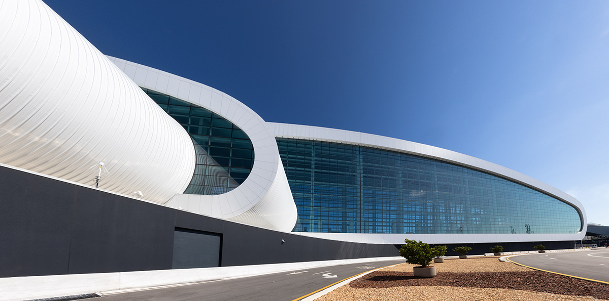 Architectural landscape view of the Norwegian Cruise Lines Terminal B Port Miami.