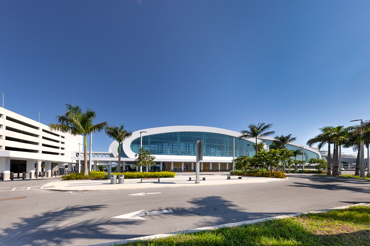 Architectural landscape view of the Norwegian Cruise Lines Terminal B Port Miami.