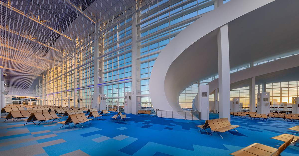 Interior design waiting lounge view of the Norwegian Cruise Lines Terminal B Port Miami.