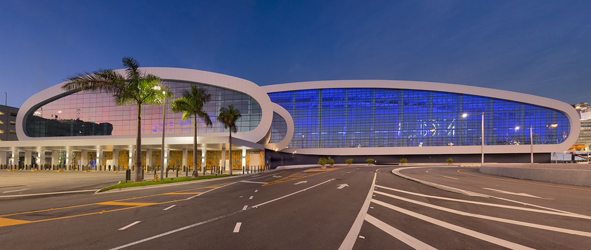 Architectural dusk view of the Norwegian Cruise Lines Terminal B Port Miami.