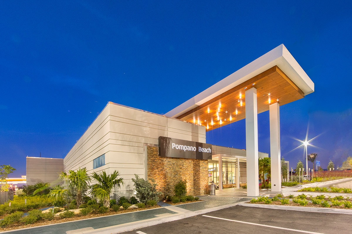 Architectural dusk view of the Pompano Beach FL Service Plaza.