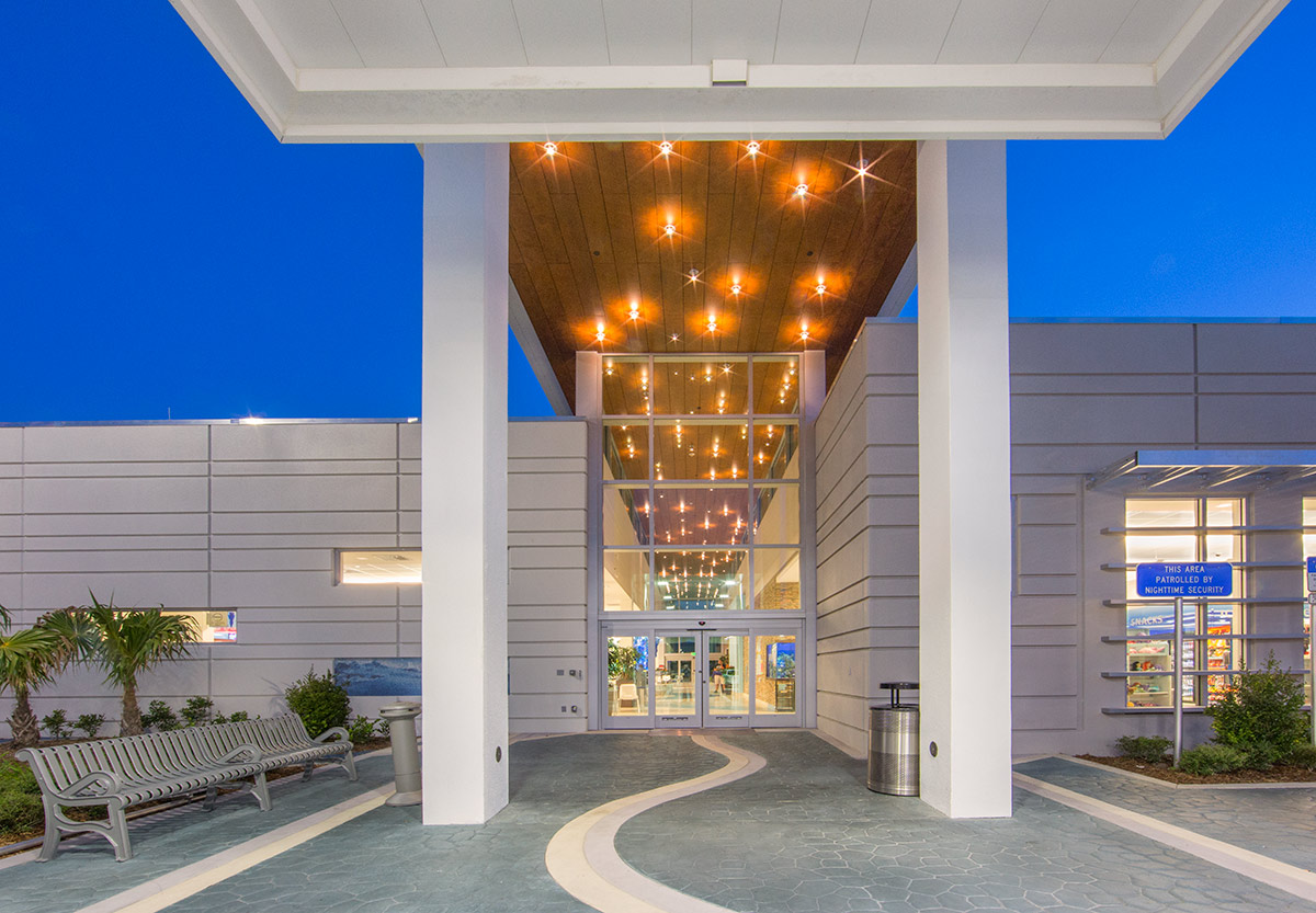 Architectural dusk view of the Pompano Beach FL Service Plaza.