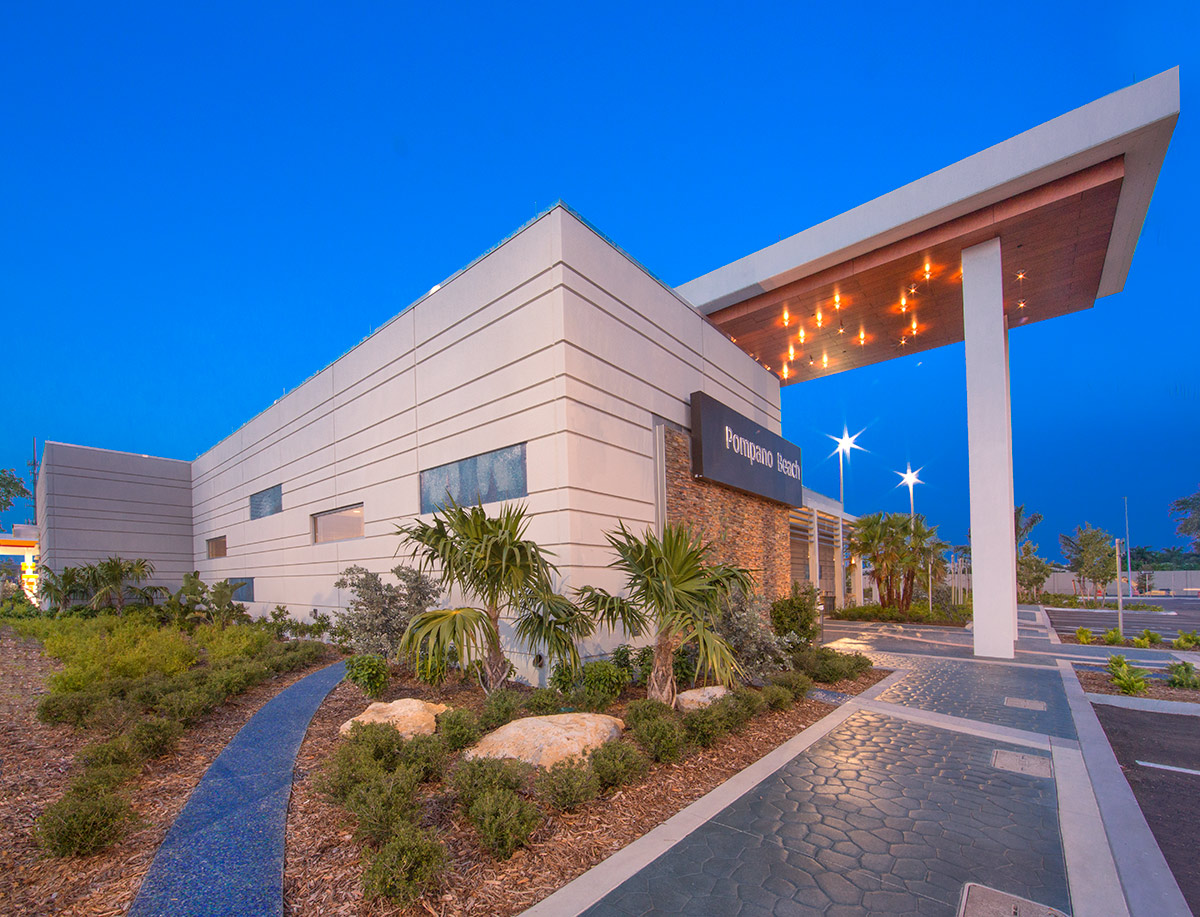 Architectural dusk view of the Pompano Beach FL Service Plaza.