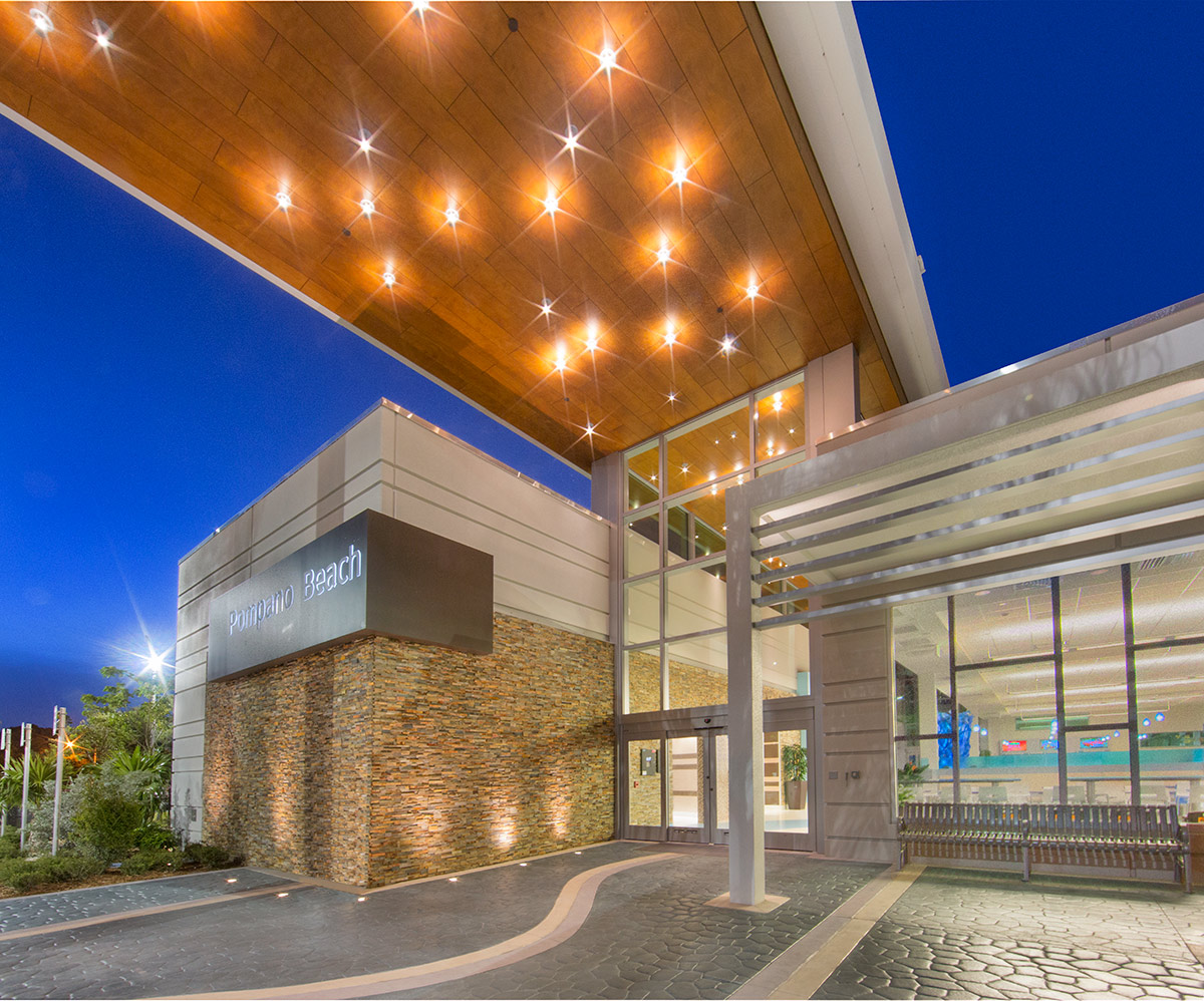 Architectural dusk view of the Pompano Beach FL Service Plaza.