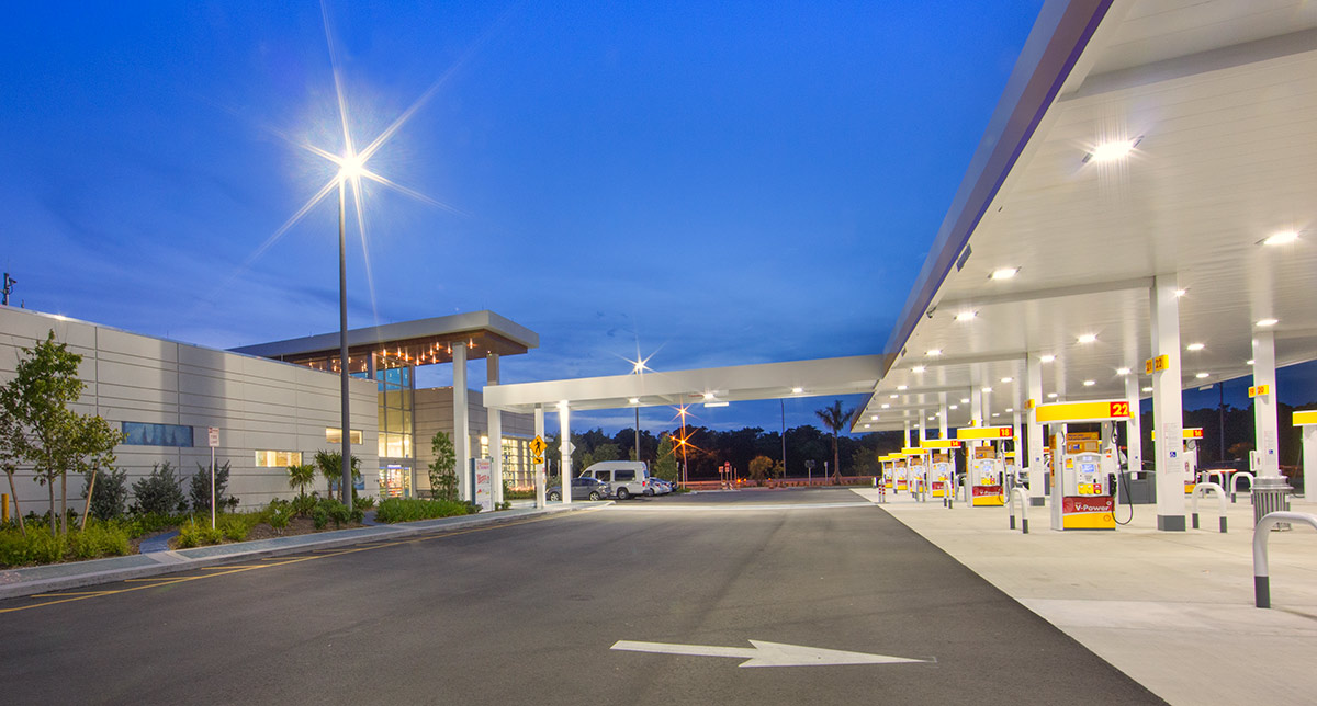 Architectural dusk view of the Pompano Beach FL Service Plaza.