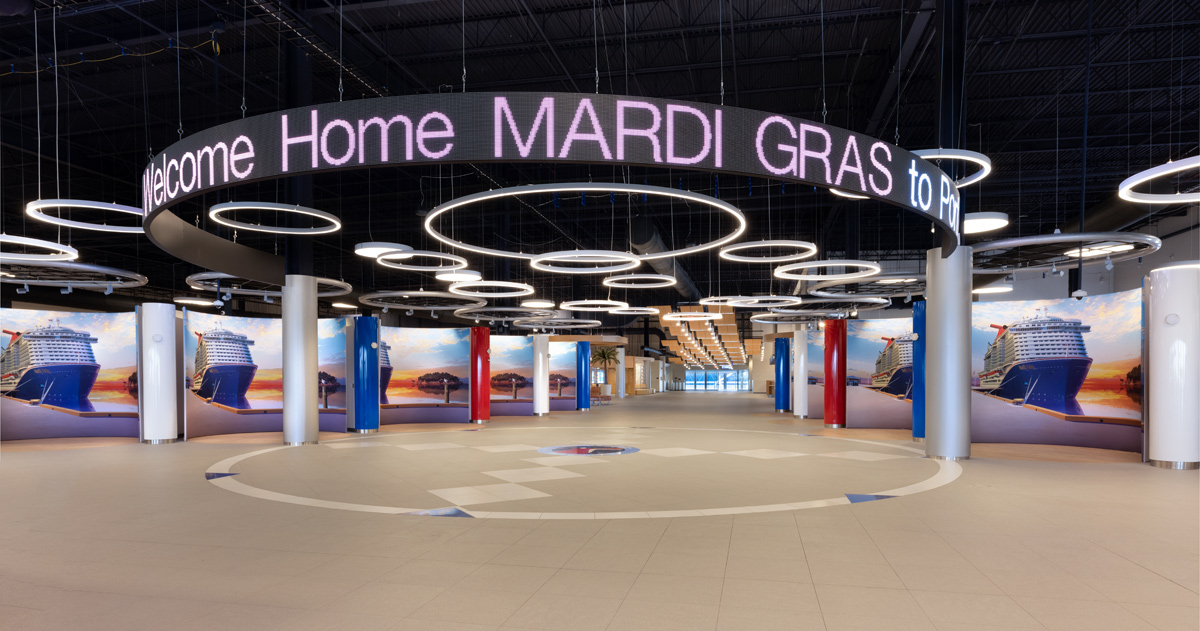 Interior design view of Port Canaveral Terminal 3 guest entry corridor.