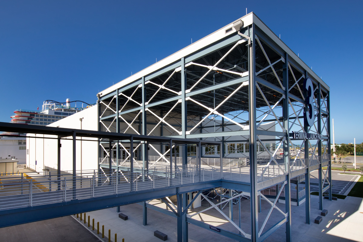 Architectural view of Port Canaveral Terminal 3  launch pad entrance with connecting bridge.