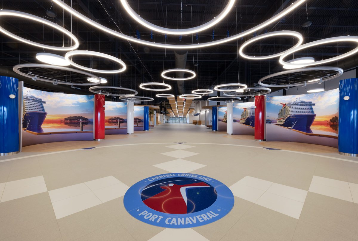 Interior design view of Port Canaveral Terminal 3 guest entry corridor.