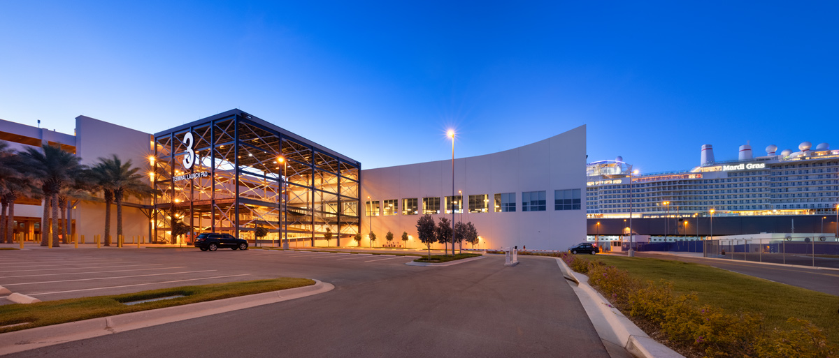 Architectural dusk view of Port Canaveral Terminal 3  launch pad entrance.