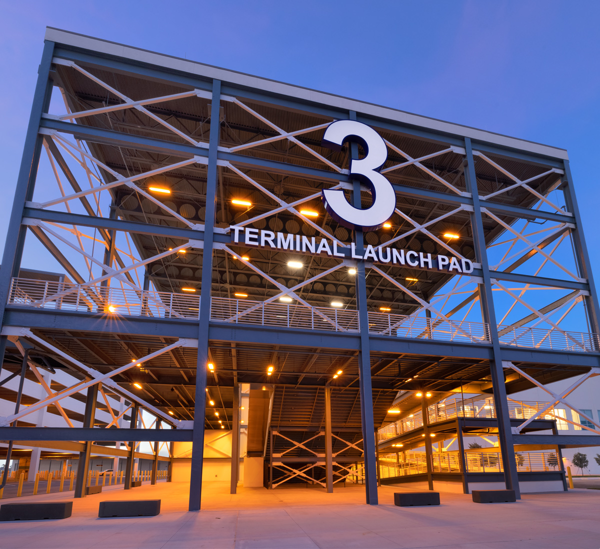 Architectural dusk view of Port Canaveral Terminal 3  launch pad entrance.