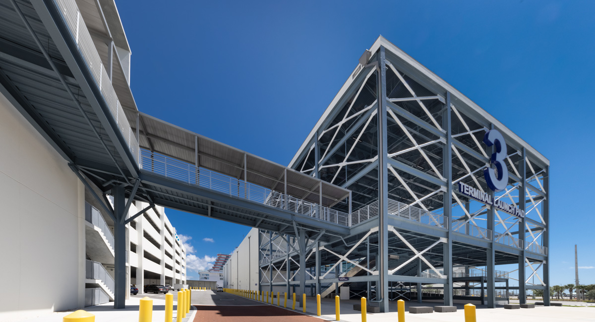 Architectural view of Port Canaveral Terminal 3  launch pad entrance with connecting bridge.