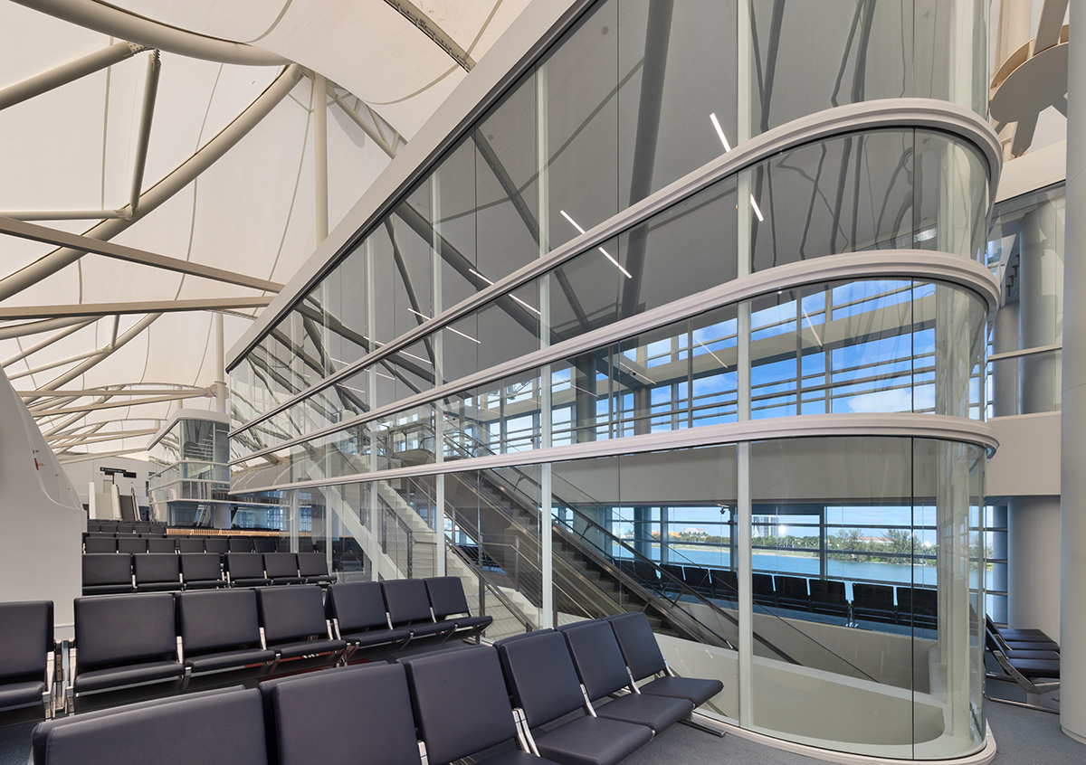 Interior design view of Port Miami terminal F waiting area.