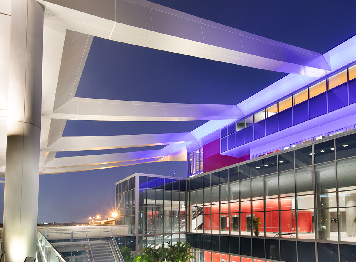 Architectural dusk view of the SkyConnect at the Tampa Int airport.