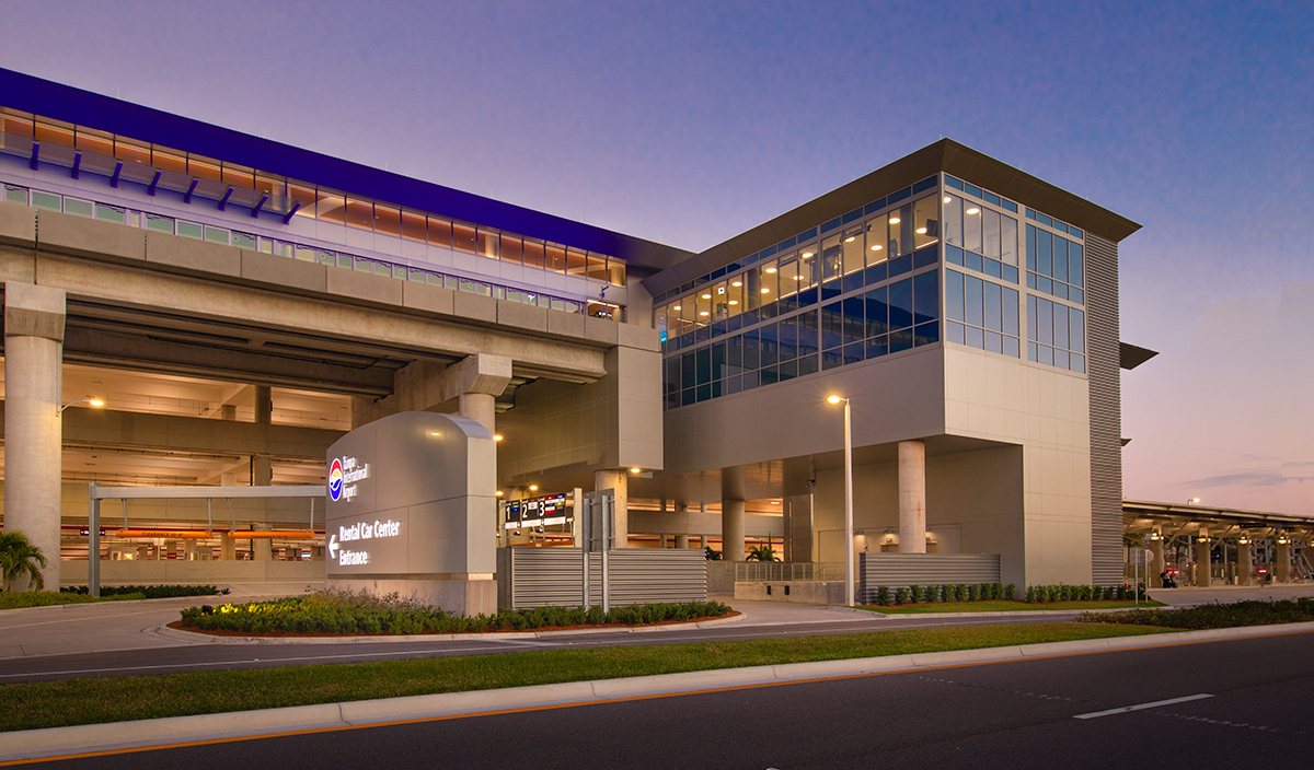 Architectural dusk view of the people mover at the Tampa Int airport.