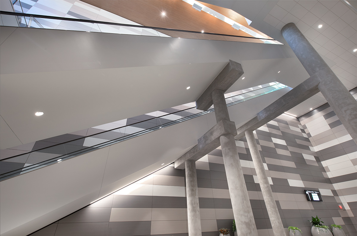 Architectural interior view of the people mover at the Tampa Int airport.