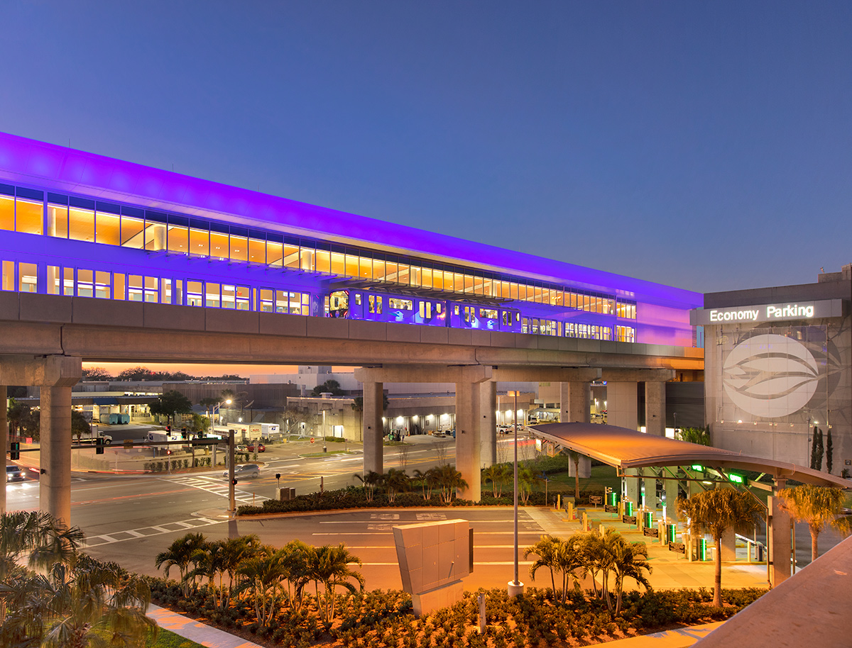 Architectural dusk view of the people mover at the Tampa Int airport.