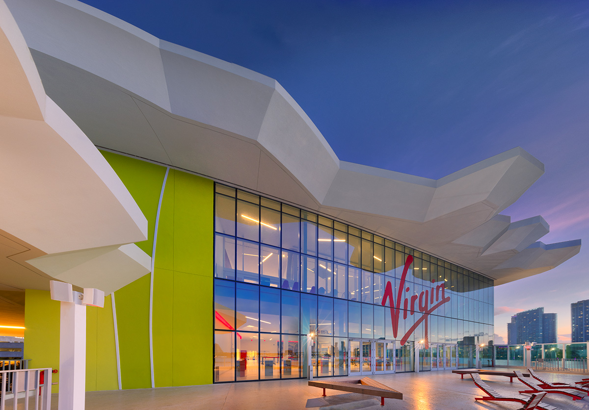 Architectural dusk terrace view of the Virgin Voyages Terminal B Port Miami, FL.